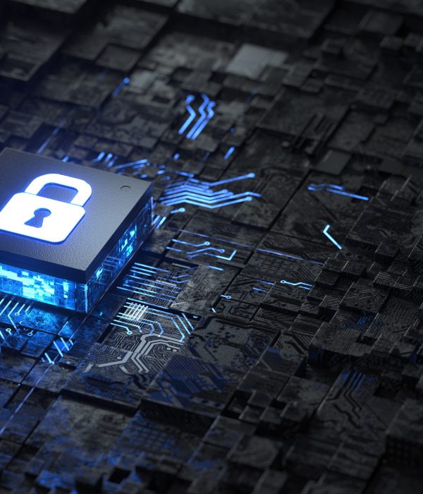 security lock symbol on circuit board.3d rendering,conceptual image.