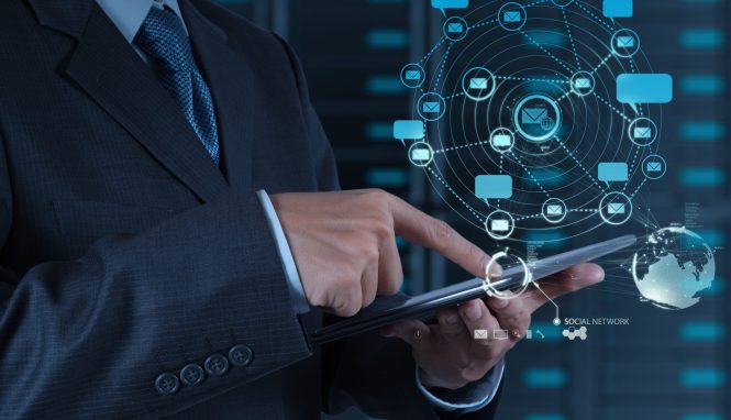 businessman using tablet computer shows internet and social network as concept BY NASA