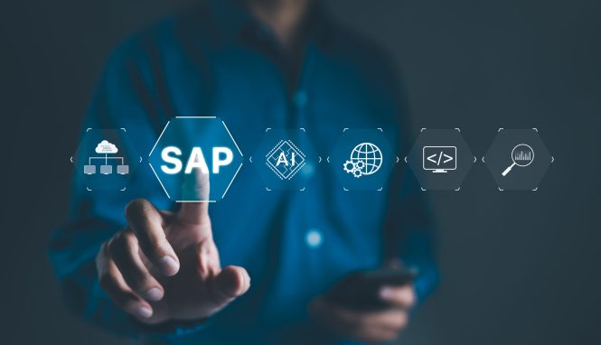 SAP system concept. Businessman touches icons related to SAP System Application Products and business process automation, highlighting the integration of AI, cloud computing, and software management.