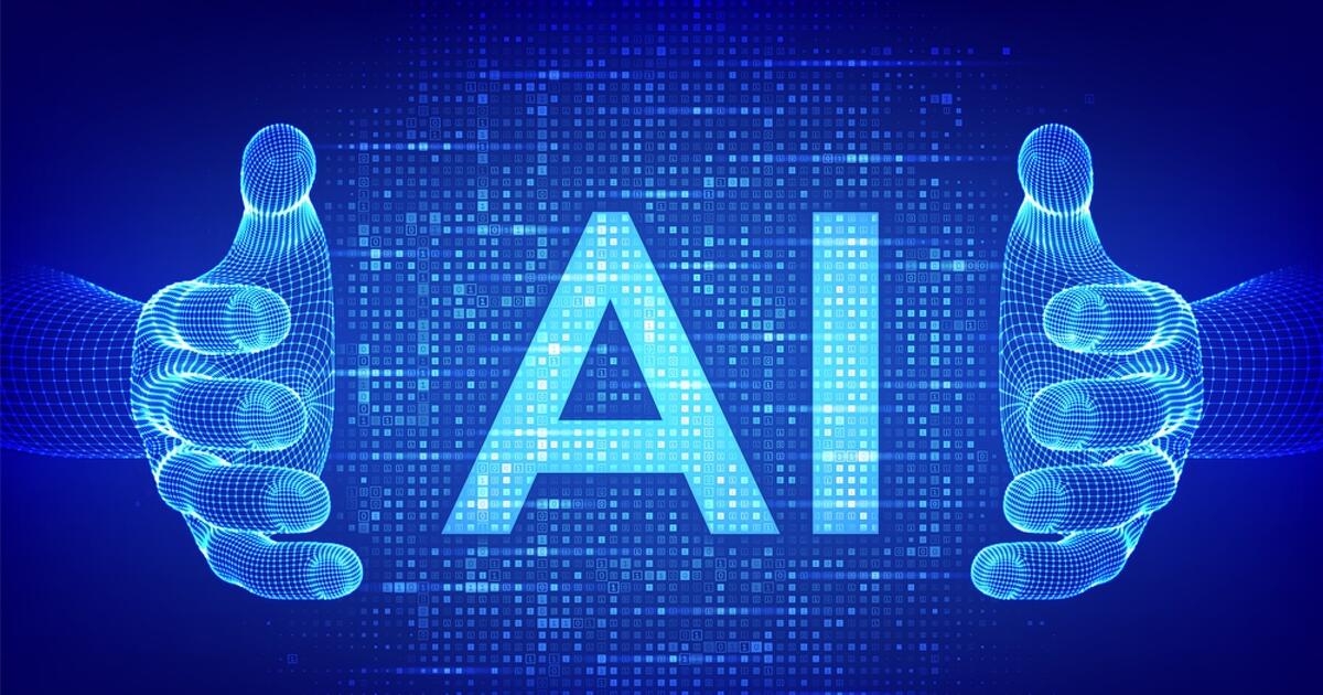 AI. Artificial intelligence. Letters AI made with binary code in wireframe hands. Binary data and streaming digital code background. Matrix background with digits 1.0. Vector illustration.